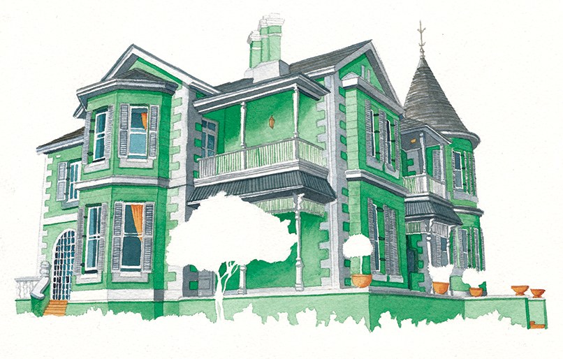 A hand-painted watercolour illustration of a green Victorian house with white trim, bay windows and a turret
