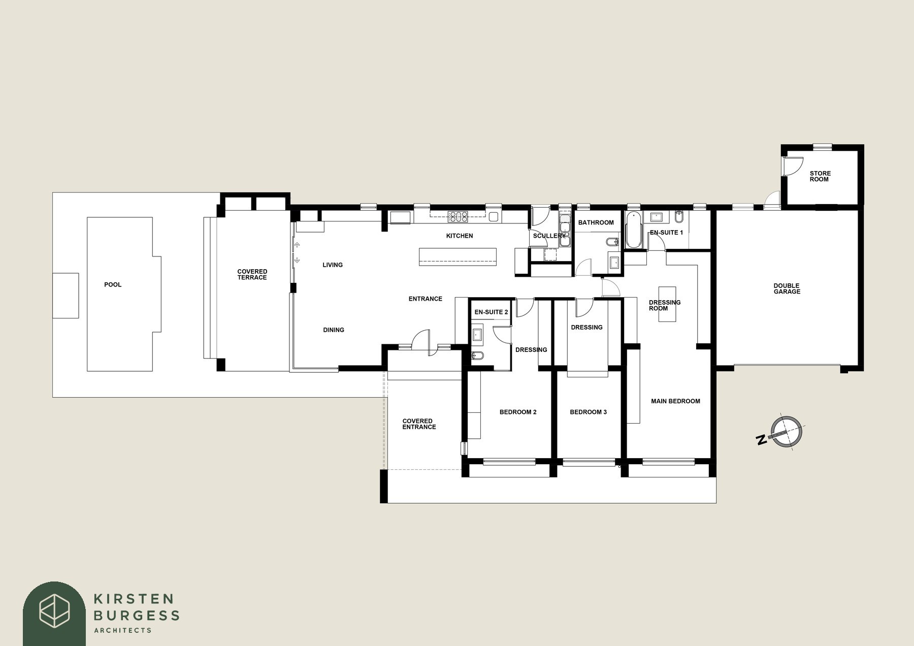 After floor plan of House Shearon, extended to include a pool, covered terrace, second en-suite, dressing room and store room