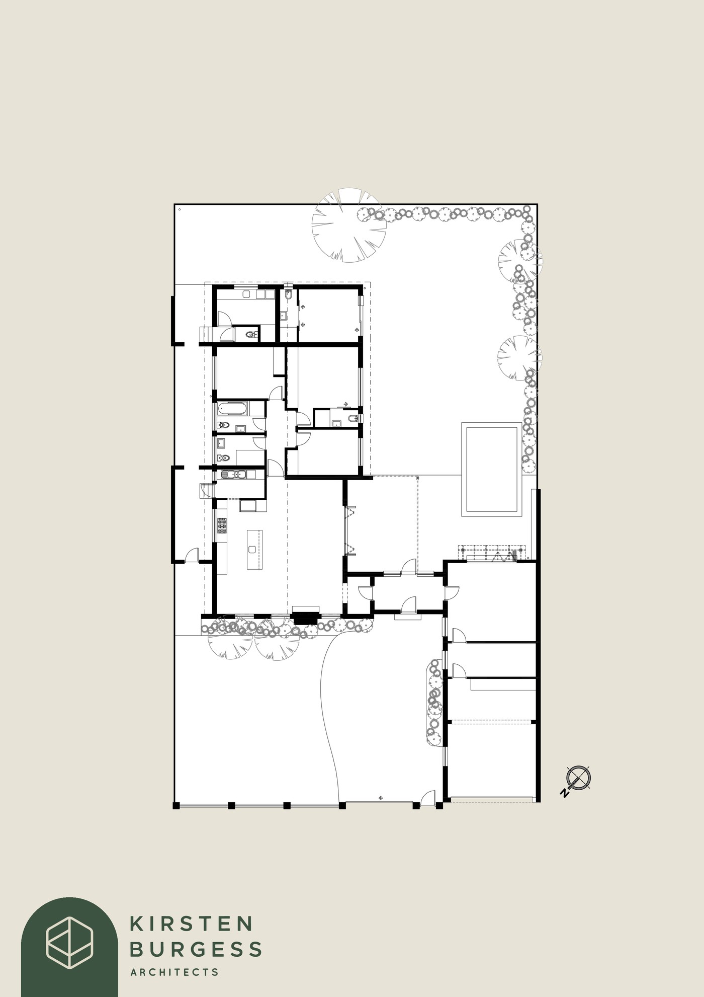 After floor plan of House Swartland, reconfigured with a pool and covered outdoor entertaining area