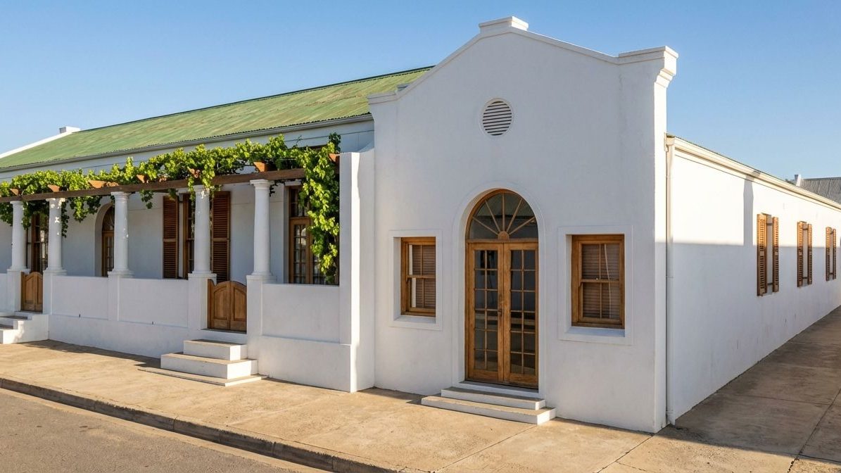A whitewashed Cape Dutch-style house with a green corrugated roof, arched timber front doors and a vine-covered pergola along the street