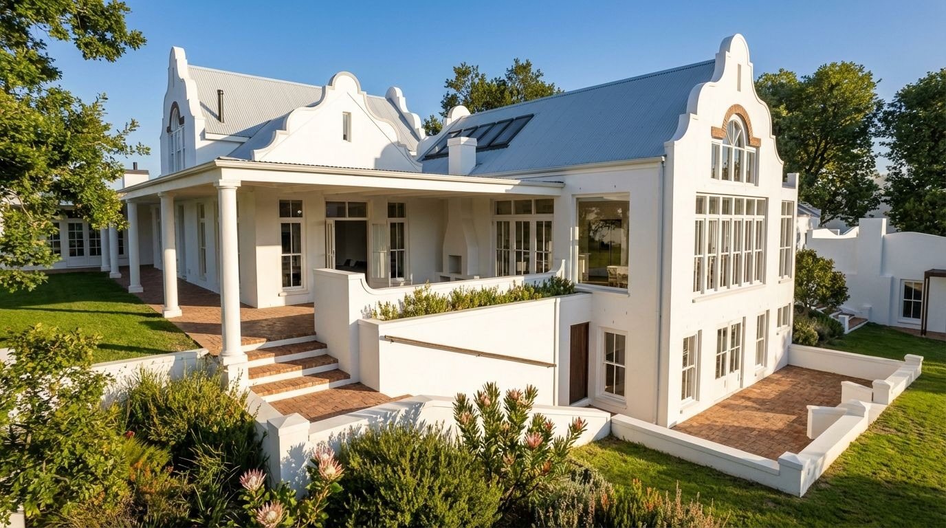 Concept render of a Cape Dutch-style house, rear facade with gables, a covered terrace and a garden with proteas, currently in construction