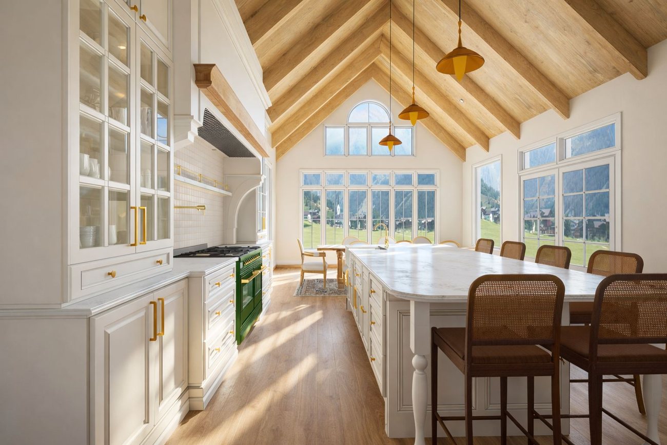 Concept render of a vaulted farmhouse-style kitchen with a large island, cane-backed stools and a green range, currently in construction