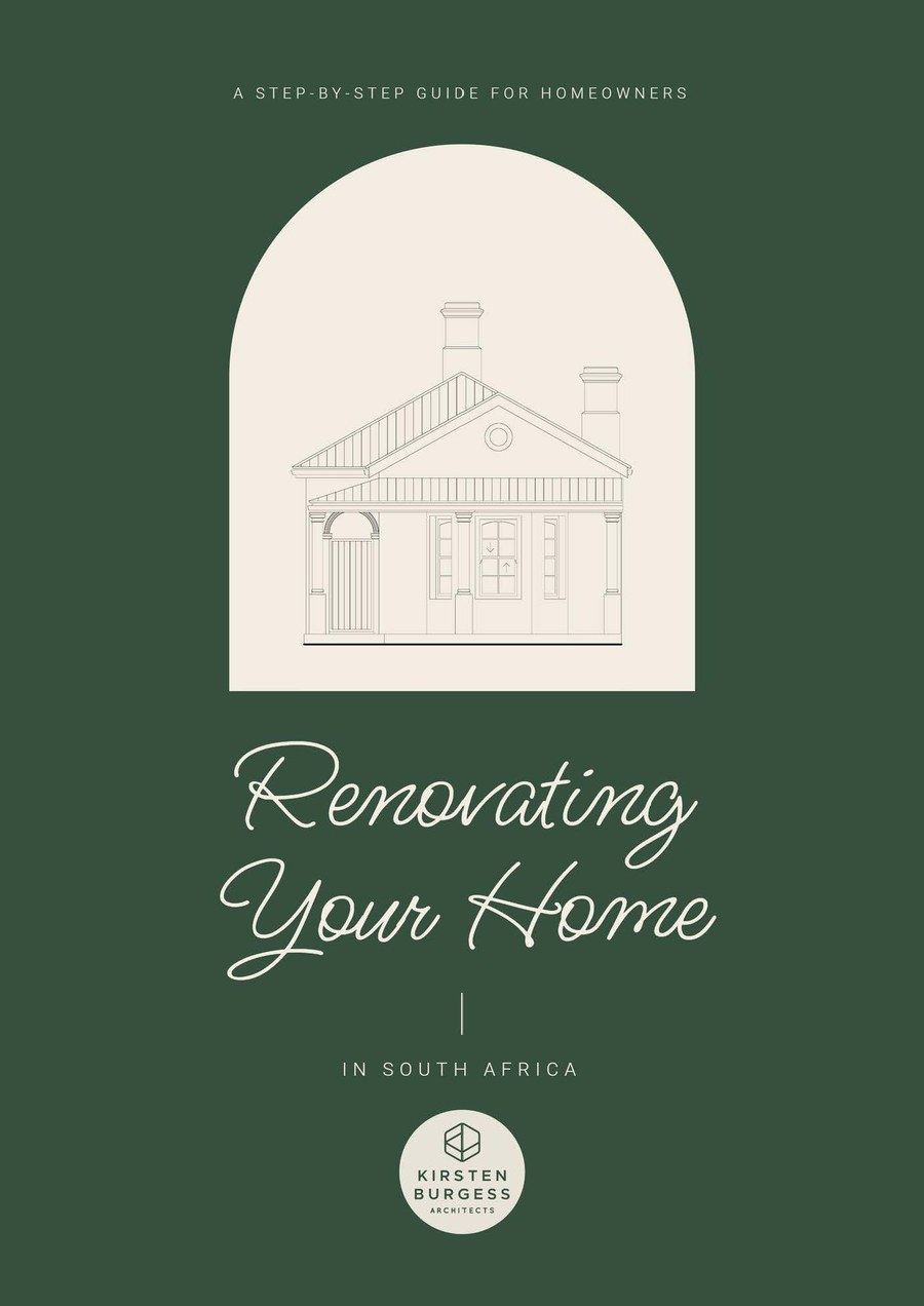 Cover of the guide Renovating Your Home in South Africa, showing a line drawing of a heritage house elevation on a green background